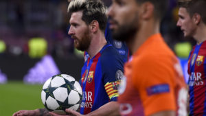 Barcelona's Argentinian forward Lionel Messi leaves the pitch after getting a hat-trick during the UEFA Champions League football match FC Barcelona vs Manchester City at the Camp Nou stadium in Barcelona on October 19, 2016. / AFP PHOTO / JOSEP LAGO
