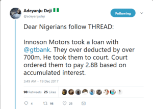 6433858 screenshot20171219adeyanjudejiontwitterdearnigeriansfollowthreadinnosonmotorstookaloanwithgtbankthe pngfb97b85e2297346a810e89e0eb5efc9d